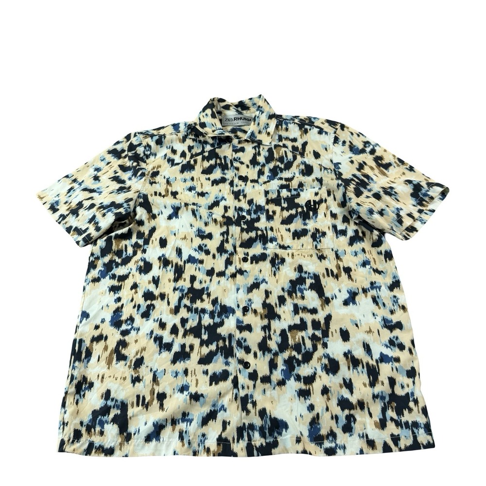 Zara x Rhuigi Tan Blue Geometric AOP Polyester S/S Button Front Size Small